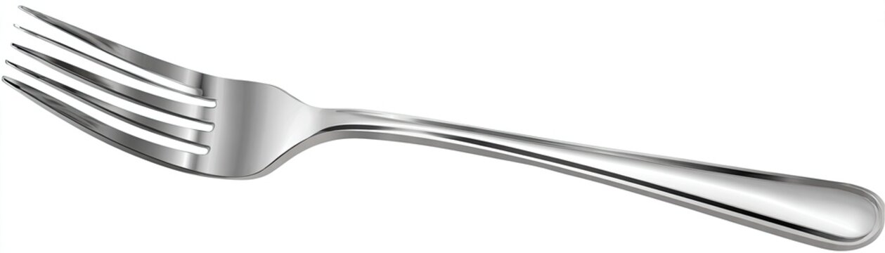 A shiny, silver fork with four tines, handle bent. Utensil isolated on a white backdrop, perfect for dining