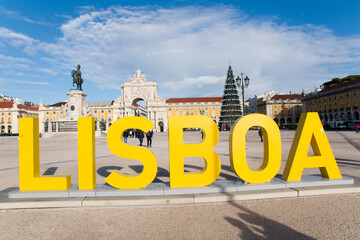 Yellow "LISBOA" Sign in Praca do Comercio, Lisbon