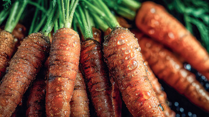 Freshly harvested organic carrots with green leafy tops covered in dewdrops, showcasing natural texture and vibrant orange color in rustic arrangement