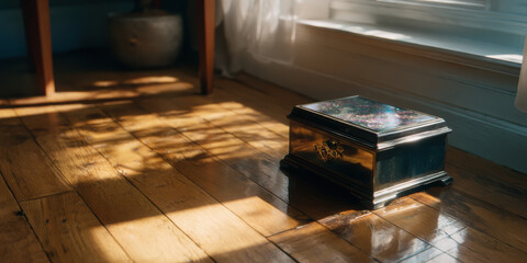 Music box wooden floor sunlight cozy morning light