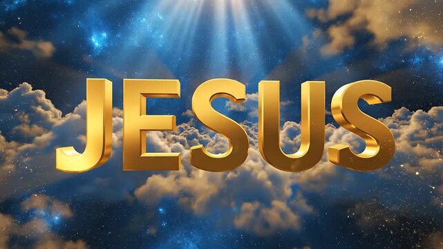 Golden Name "JESUS" Text in Heavenly Clouds with Divine Light Rays. Cinematic Christian Worship Intro and Religious Video Background