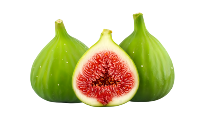 Two green figs and one half-cut fig, isolated on transparent background
