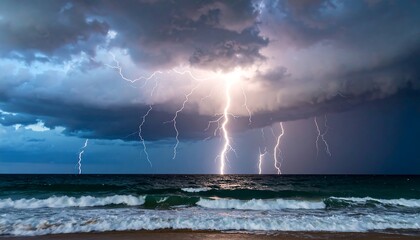 A dramatic scene of a powerful electrical storm striking over an ocean, with lightning bolts illuminating the dark clouds