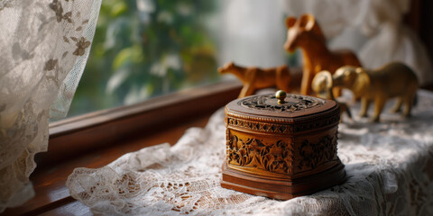 Vintage wooden music box on lace cloth near window softly nostalgic