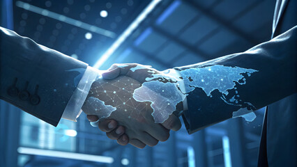 Futuristic Handshake with Holographic World Map