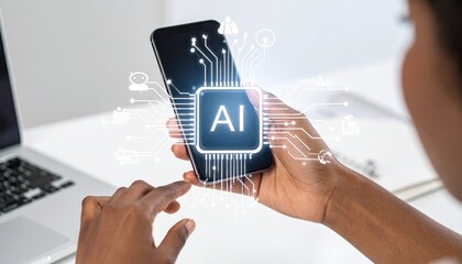 Person interacting with smartphone displaying AI interface in modern workspace
