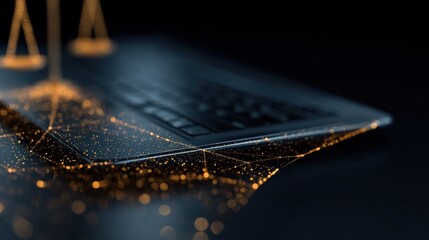 Legal Protection Concept on Clean Digital Surface With Scales and Technology in a Modern Setting at Night Time