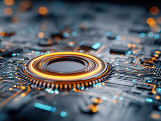 Futuristic glowing circular electronic component on a circuit board with illuminated orange and blue light traces in a high-tech digital environment