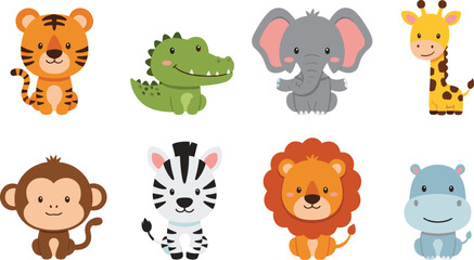 Cute safari animal character collection featuring cartoon tiger crocodile elephant giraffe monkey zebra lion and hippo for wild jungle nature vector design. © Shefali