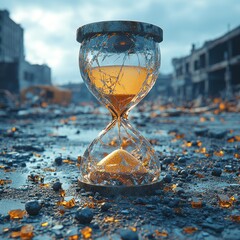 Shattered hourglass surrounded by ruins in a desolate urban landscape at dusk