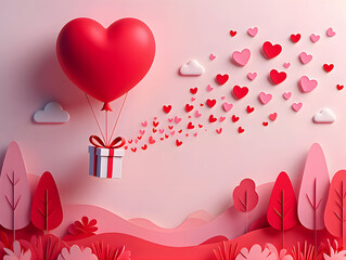 A romantic heart balloon delivering a surprise gift in a whimsical pink landscape