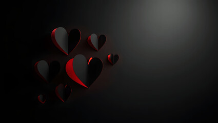 Beautifully rendered black paper hearts with subtle red edges on a dark canvas