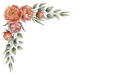 Minimal luxury watercolor botanical corner border featuring peonies and eucalyptus in terracotta tones isolated on white background