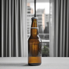 Chilled brown bottle of beer resting on a table by the window in a city setting