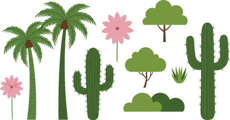 Tropical and desert plant collection featuring tall palm trees saguaro cacti green leafy trees pink flowers and bushes for nature landscape vector. © Shefali