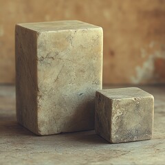 Stone sculptures of varying sizes resting on a rustic wooden surface in warm lighting