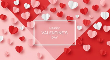 Happy valentines day greeting card with many red, pink, and white paper hearts scattered on a pink and red background