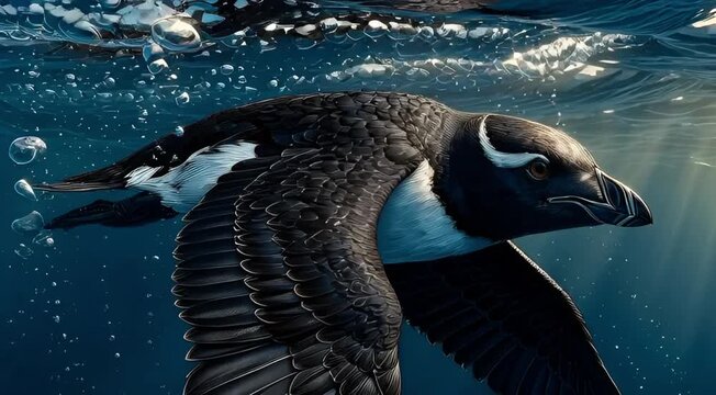 Underwater close-up of a great auk swimming, a majestic flightless bird