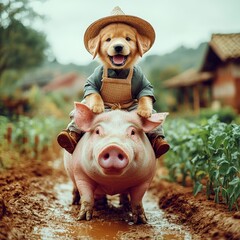 Cheerful puppy riding a happy pig in a serene countryside setting