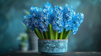 Vibrant blue flowers in a decorative ceramic pot brighten up a cozy space