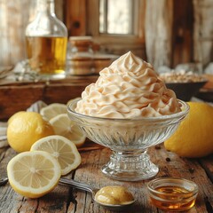 Delightful lemon mousse topped with swirls and golden honey drizzled on rustic wood