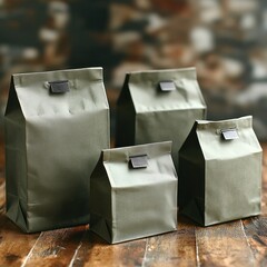 Crafted paper bags in various sizes arranged on a rustic wooden table