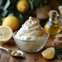 Delightful lemon mousse topped with spices and fresh fruits on a rustic wooden table
