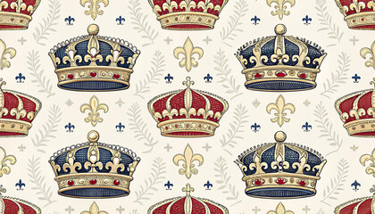 Seamless pattern of vintage royal crowns and french fleurs de lis on a light beige background