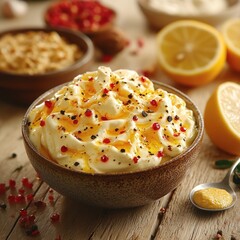 Delicious creamy dessert with colorful toppings and fresh ingredients