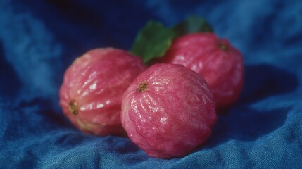 Vibrant pink guavas resting on a blue fabric backdrop in soft natural light