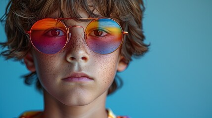 Young boy with colorful glasses gazes thoughtfully against a vibrant background