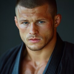 Strong presence of a dedicated athlete preparing for competition in martial arts arena