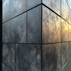 Artistic corner view of textured black wall reflecting golden sunset hues
