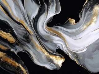 Abstract fluid art with swirling gold, gray, and white patterns over black background
