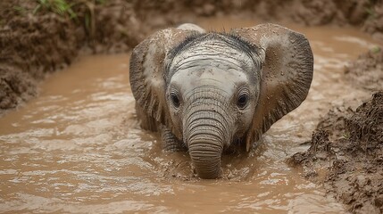 Obraz premium Close-up portrait of a muddy baby elephant wading in a waterhole, with a sweet, curious expression.