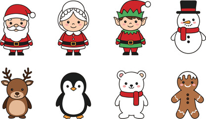 Cute Christmas character collection featuring cartoon Santa Claus Mrs Claus elf snowman reindeer penguin polar bear and gingerbread man for holiday vector design. © Shefali