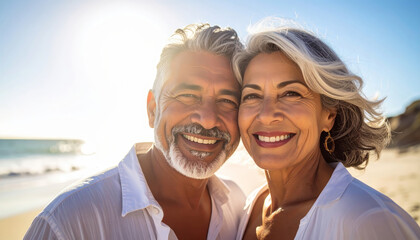 Happy Senior couple enjoying beach retirement together