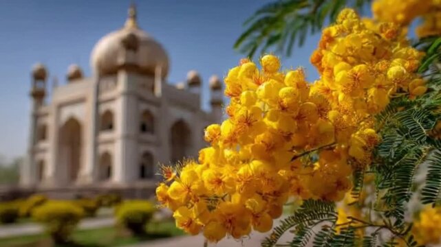 A vibrant cluster of bright yellow flowers with delicate green foliage takes center stage, beautifully framed against a soft-focus background of a grand, domed architectural structure under a clear bl
