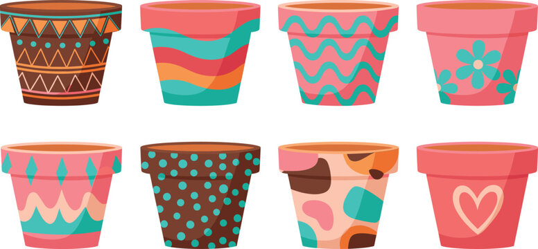 Colorful flower pot collection featuring various hand painted ceramic designs with polka dots stripes waves flowers and hearts for garden and vector.