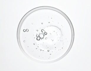 Clear liquid, tiny bubbles, petri dish