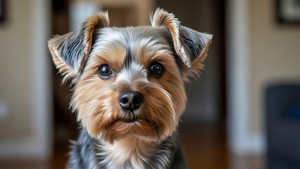 Cute Yorkshire Terrier Dog Portrait Indoor.