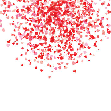 Red and Pink Heart Cascade on White Background with Varying Sizes and Opacity for Romantic Valentine Design