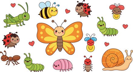 Cute insect and bug character collection featuring cartoon butterfly bee ladybug snail caterpillar ant and grasshopper for garden nature wildlife and vector. © Shefali