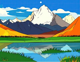 Vivid mountain reflected in lake, stylized art style
