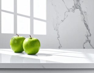 Two green apples on white counter, window shadows