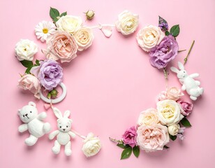 Floral ring on pink. Toys dangling. Empty center