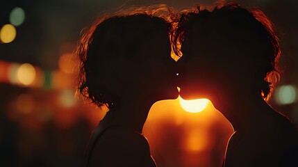 Romantic couple silhouette kissing at sunset with warm golden light creating intimate atmosphere for love and relationship concepts.