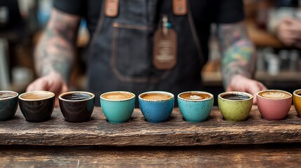 Barista in apron with tattooed arms presents a colorful row of artisanal espresso cups filled with rich coffee.