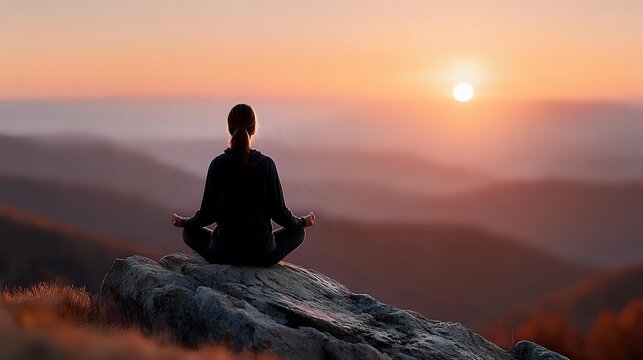 Person meditating on mountain rock at sunrise with layered hills and warm orange sky. Peaceful mindfulness and wellness concept for relaxation content. - Powered by Adobe