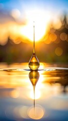 Water drop reflecting sun; abstract, golden glow